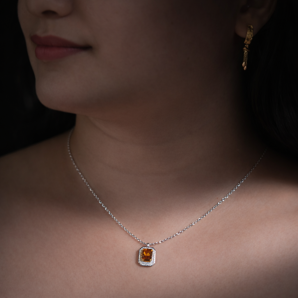 Citrine Luxe Halo Pendant – 925 Silver