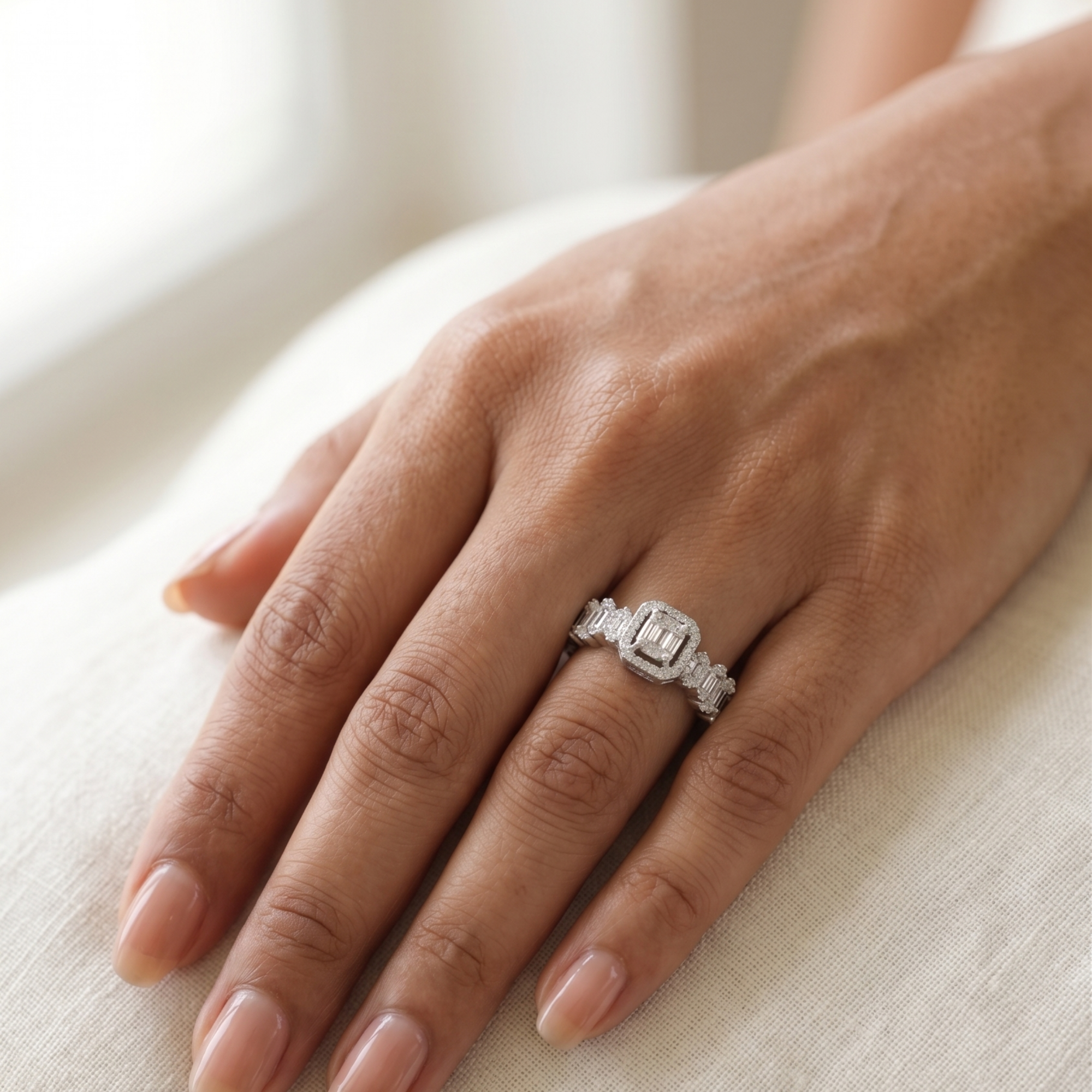 Emerald Halo ring in 925 sterling silver, statement ring, detail view