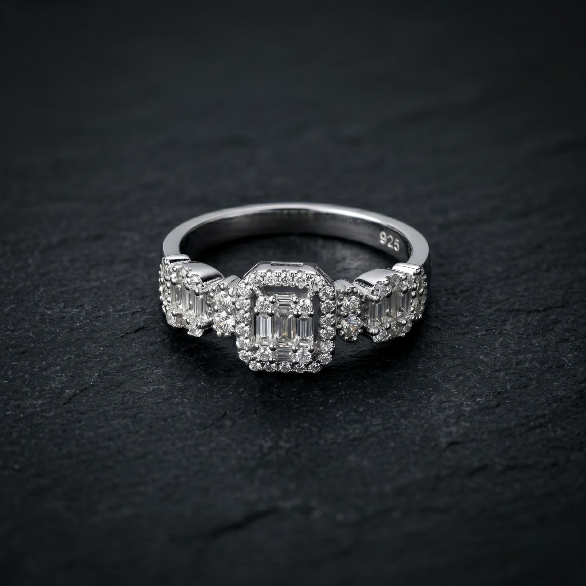 Emerald Halo ring in 925 sterling silver, statement ring, angle view