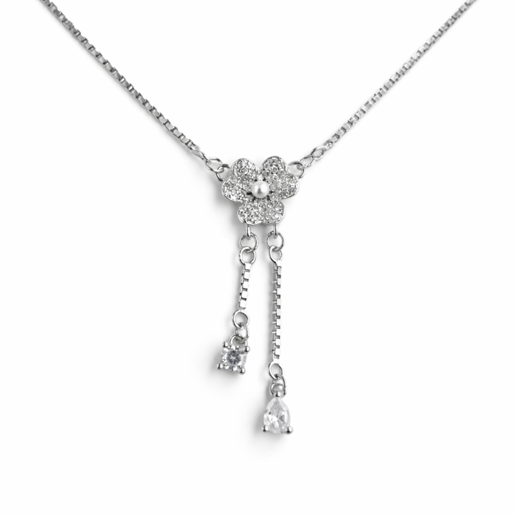 Floral Drop Charm Necklace – 925 Silver