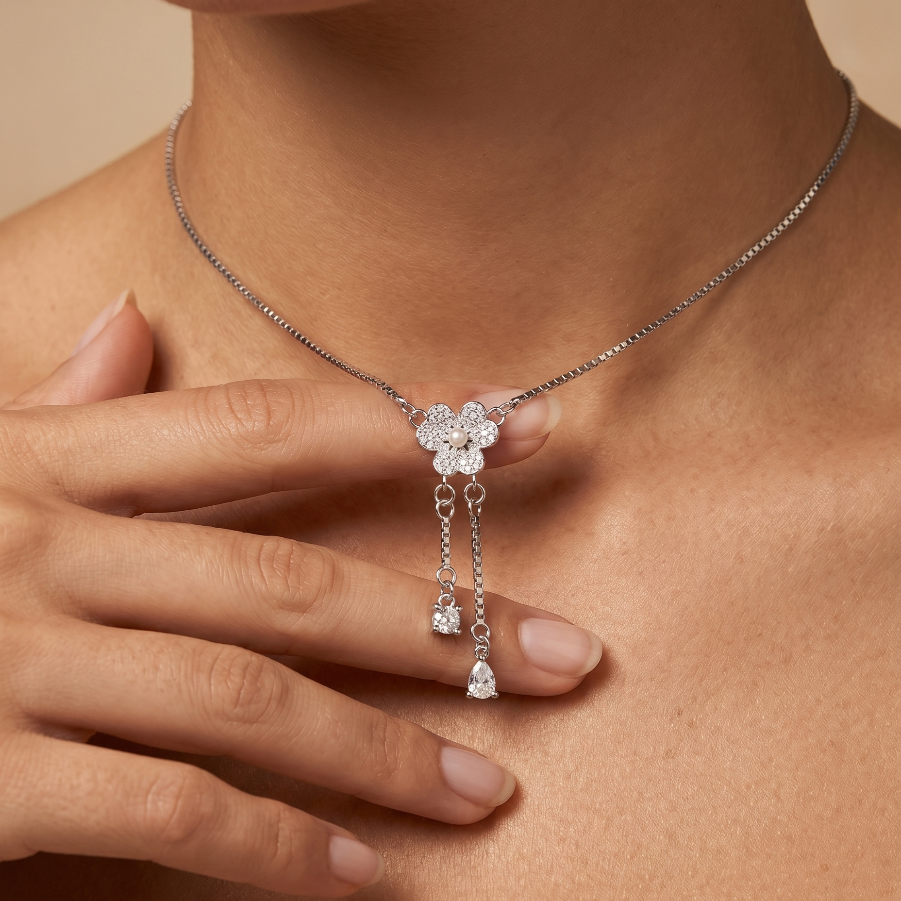 Floral Drop Charm Necklace – 925 Silver