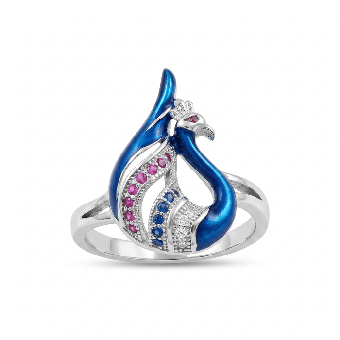 Blue Enamel Peacock Ring in 925 sterling silver with CZ stones