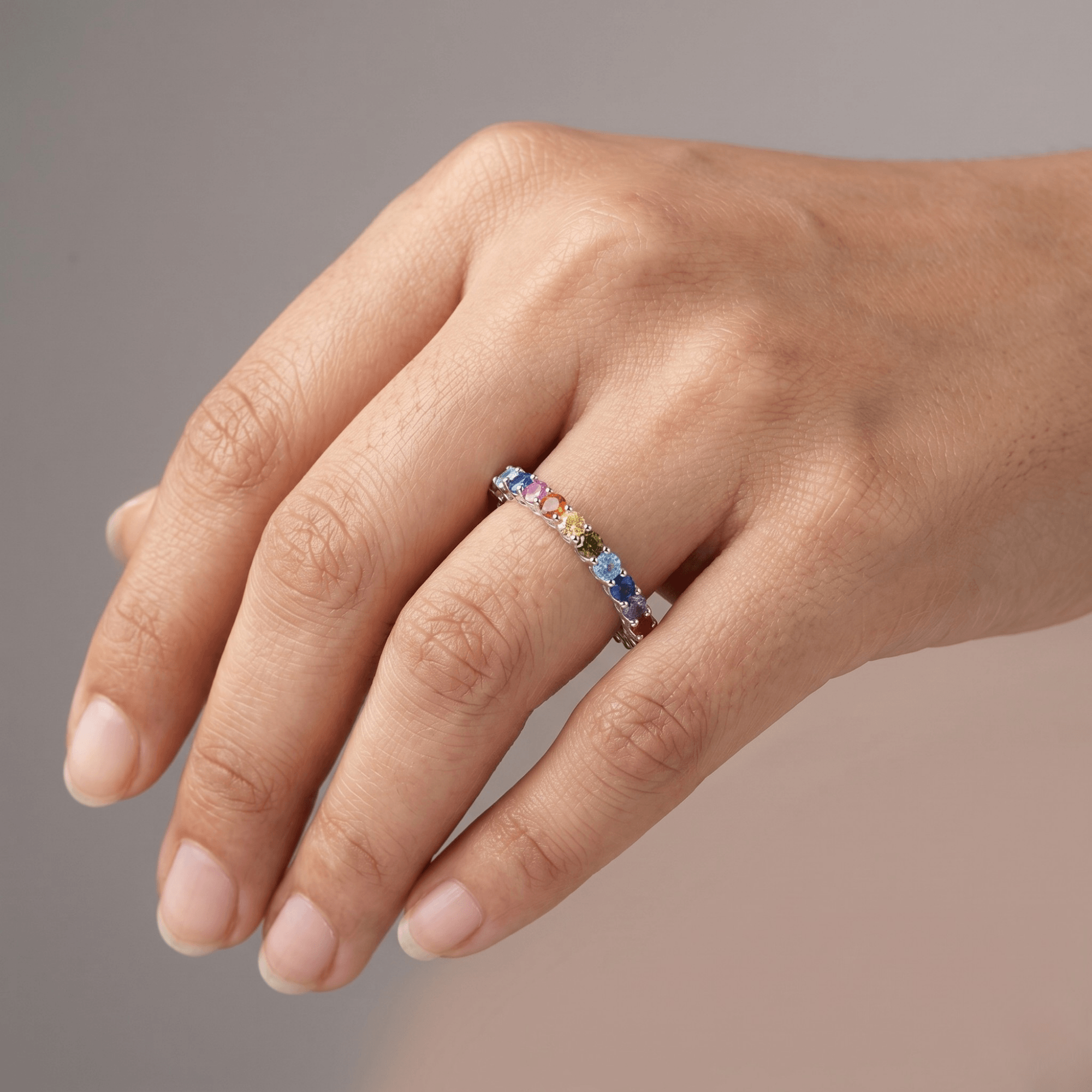 Rainbow eternity band ring in 925 silver, multicolour CZ — detail view
