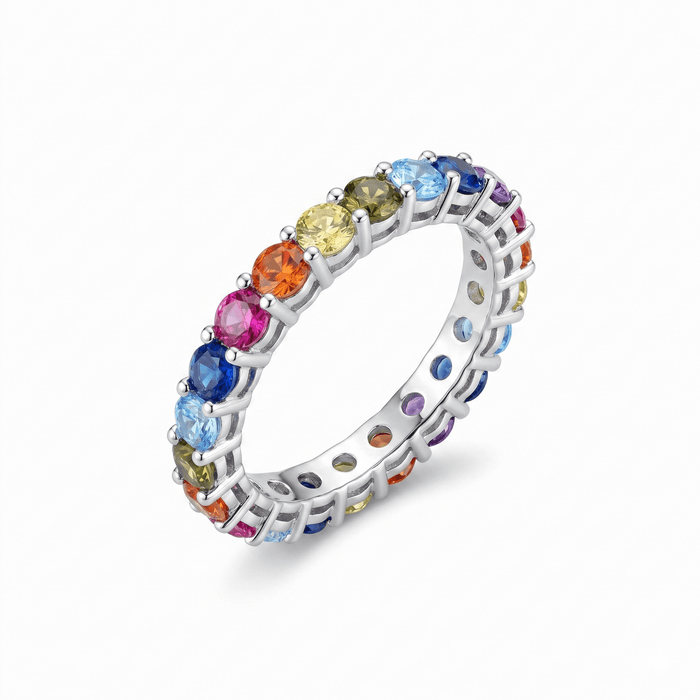 Rainbow Eternity Band Ring in 925 sterling silver with multicolour CZ stones