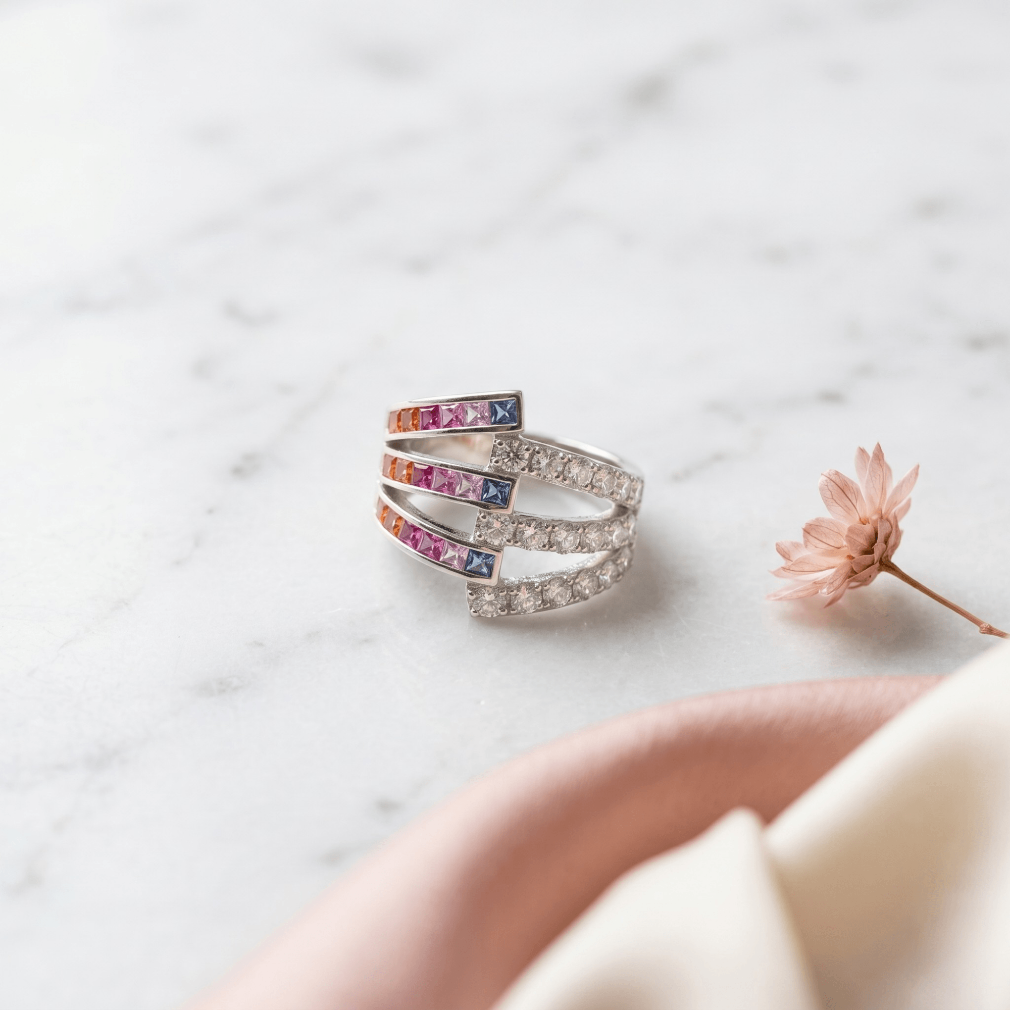 Rainbow spectrum wide band ring in 925 silver — alternate view
