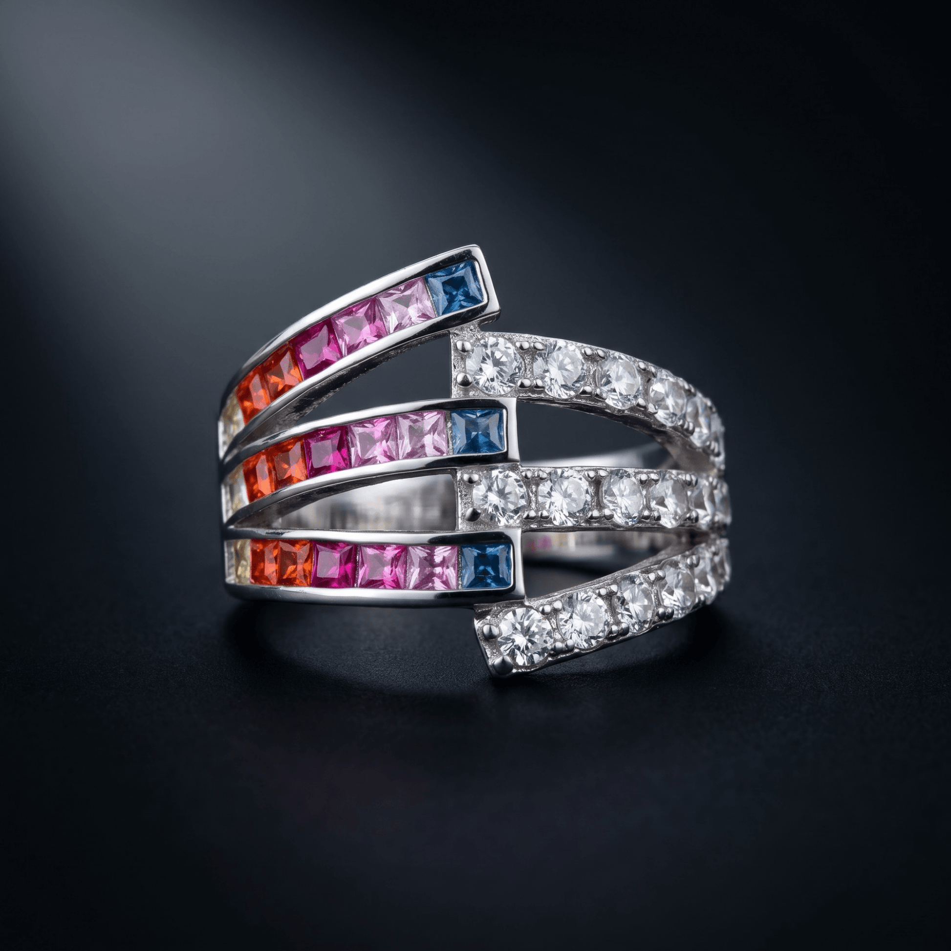 Rainbow spectrum wide band ring in 925 silver — detail view