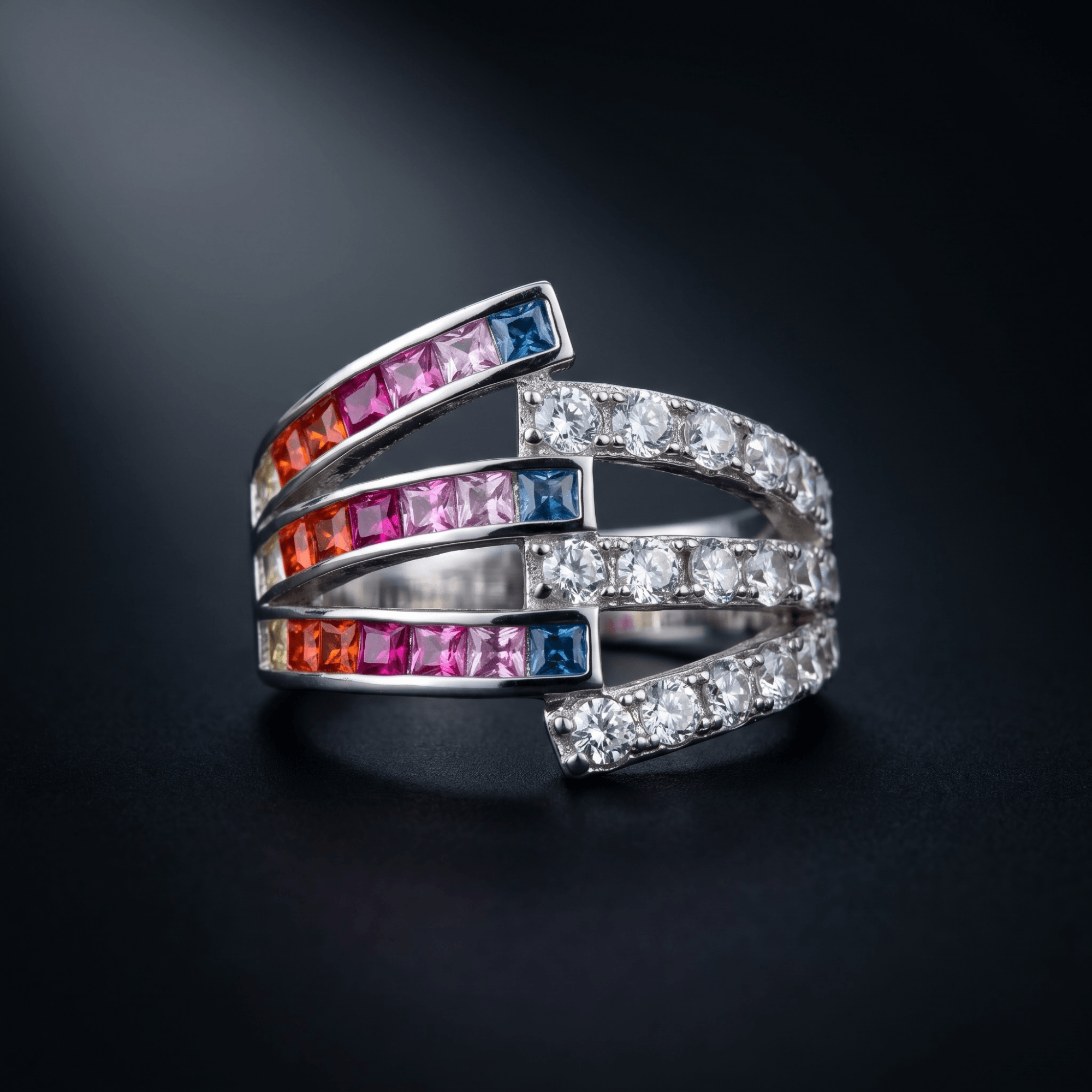 Rainbow spectrum wide band ring in 925 silver — detail view