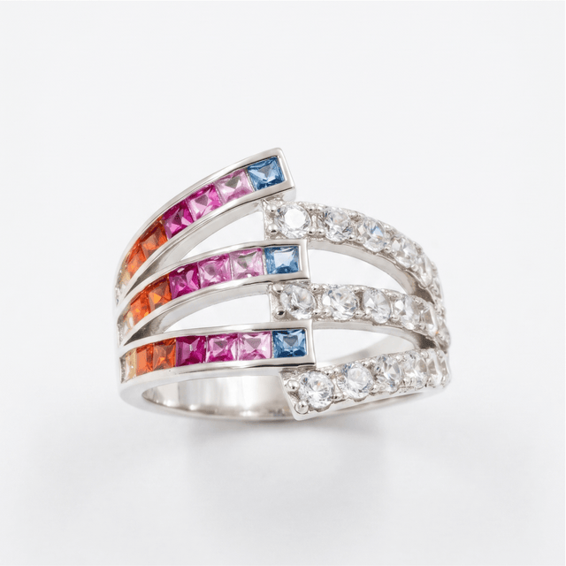 Rainbow Spectrum Wide Band Ring in 925 sterling silver with multicolour CZ stones