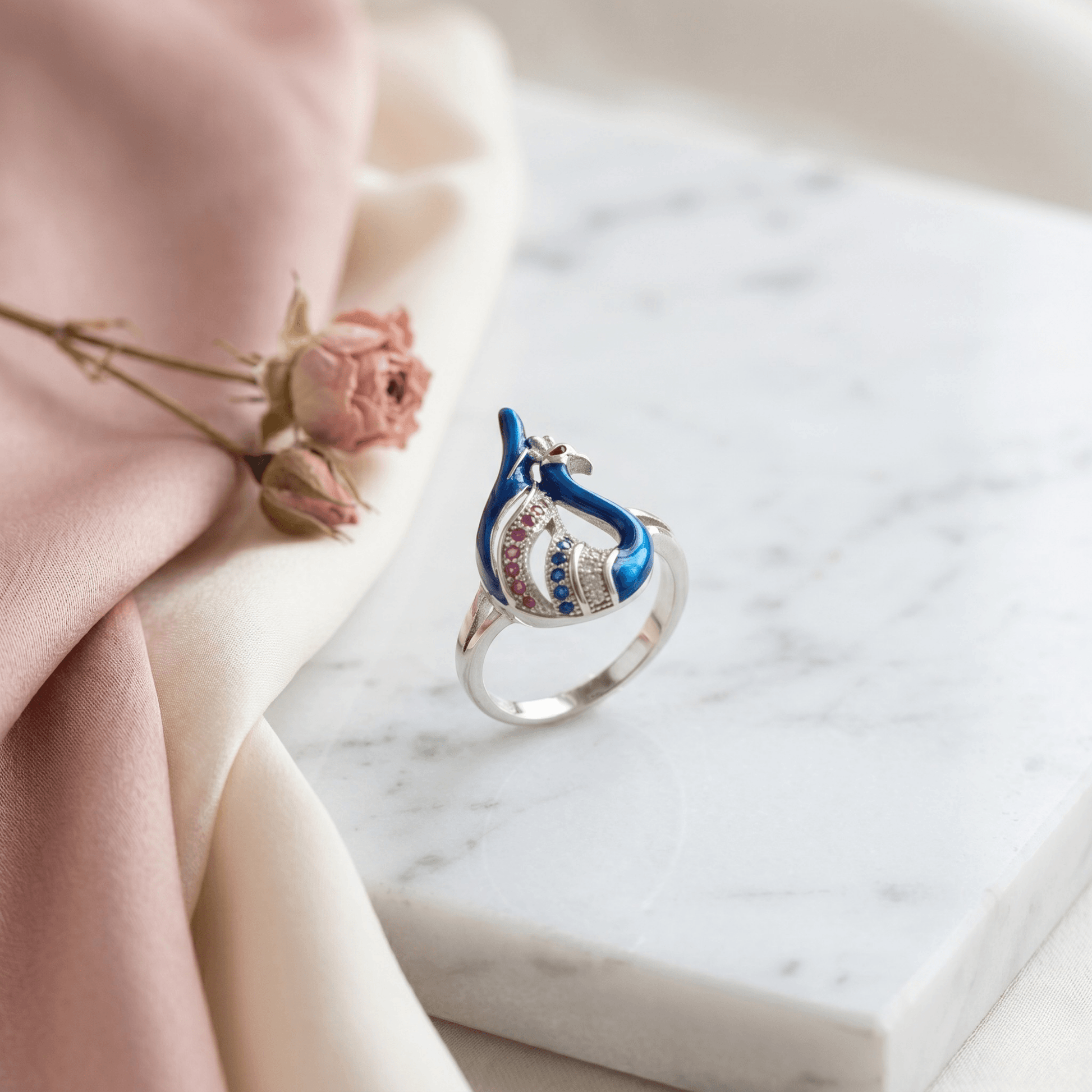 Blue enamel peacock ring in 925 silver — alternate view