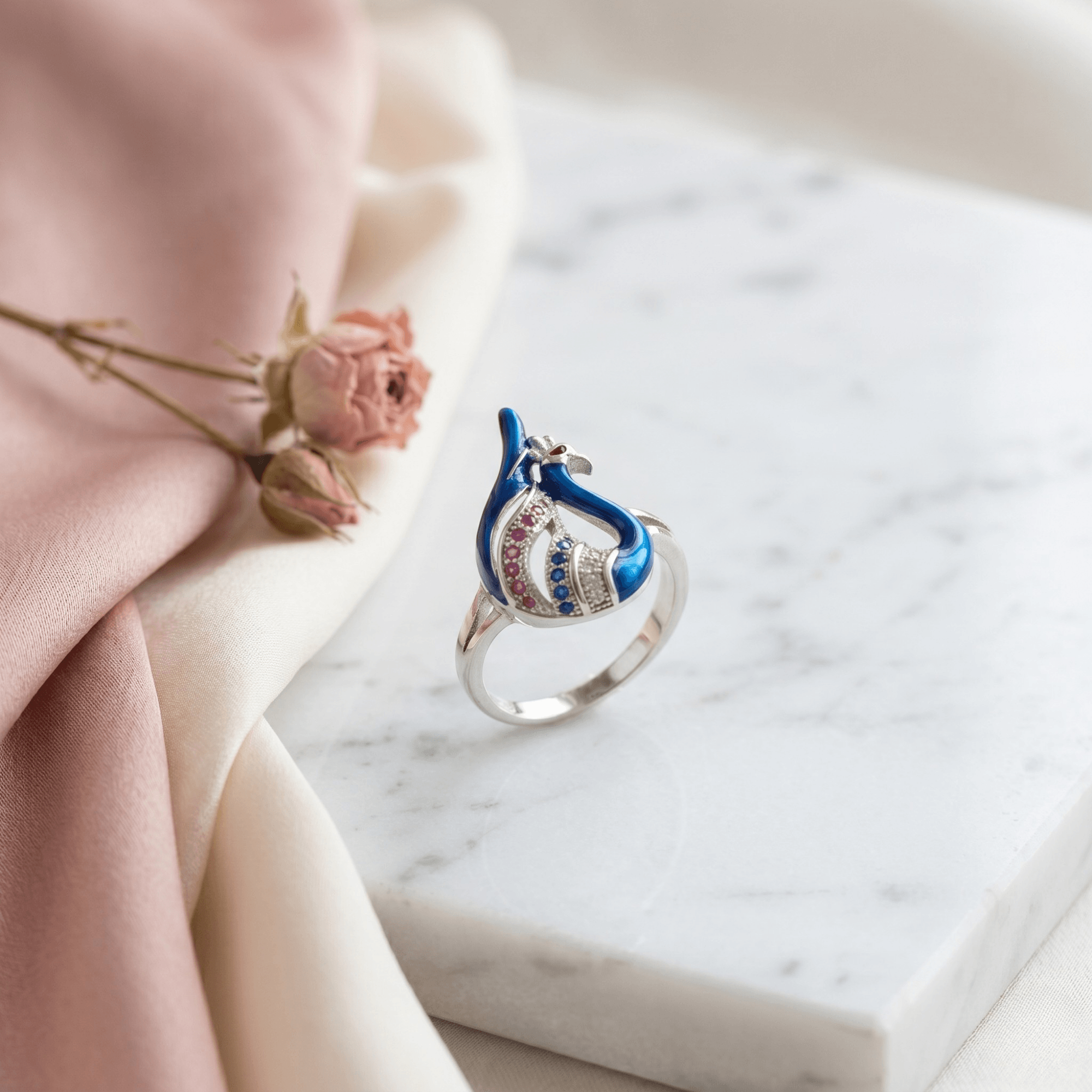 Blue enamel peacock ring in 925 silver — alternate view