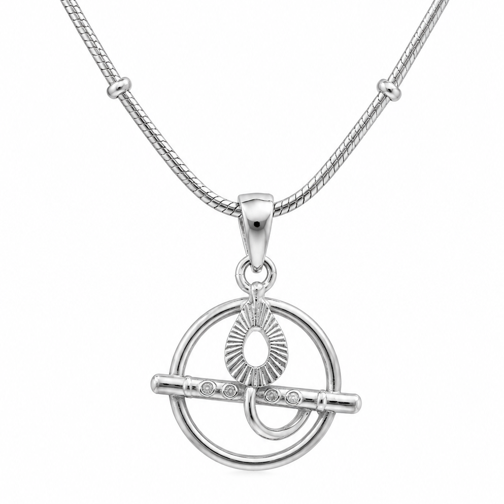 Silver necklace with a circular pendant on a white background
