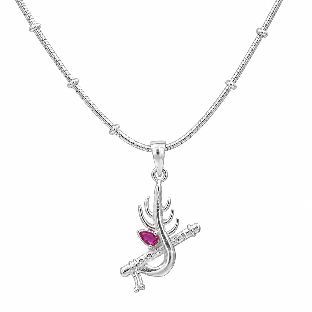 Krishna Bansuri Peacock Feather Pendant — 925 Sterling Silver | Pink Zircon | Devotional Pendant