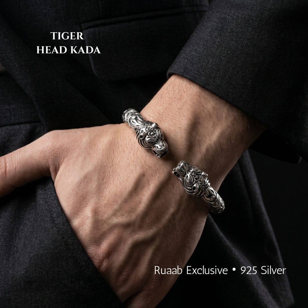 Rajwadi Tiger Head Kada – Ruaab Exclusive 925 Silver