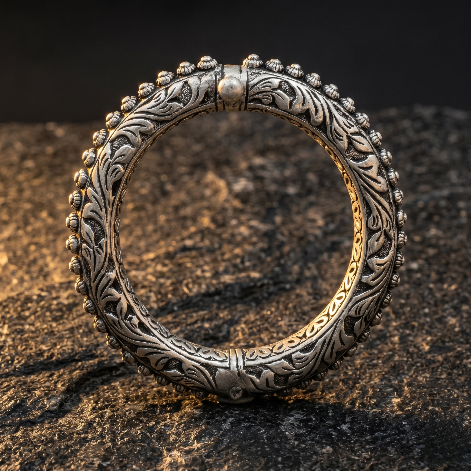 Rajwadi beaded kada for men in 925 silver, antique kada