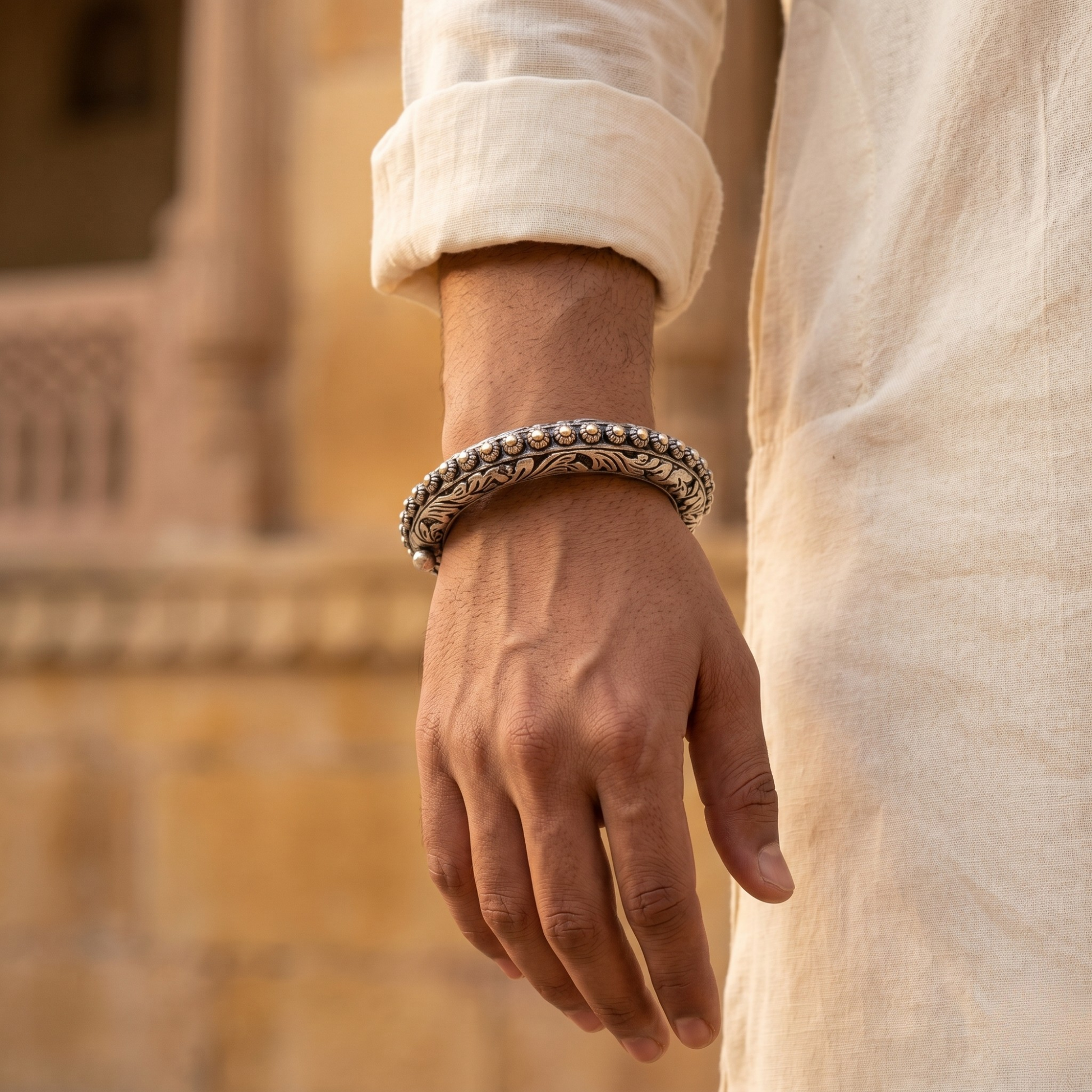 Rajwadi beaded kada for men in 925 silver, antique kada