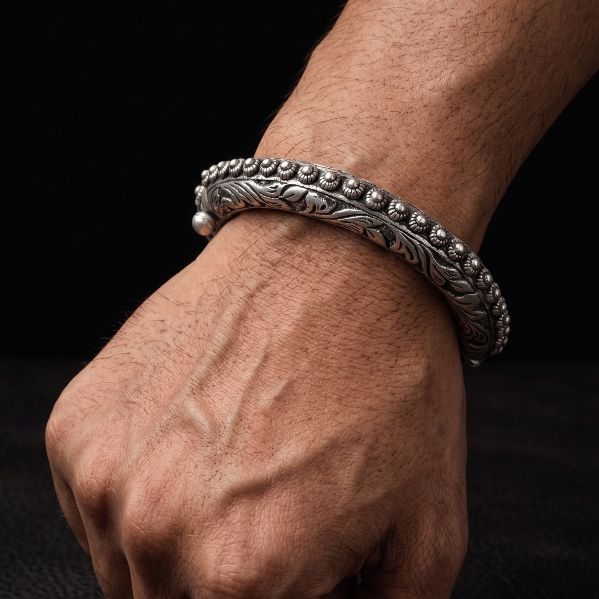 Rajwadi beaded kada for men in 925 silver, antique kada