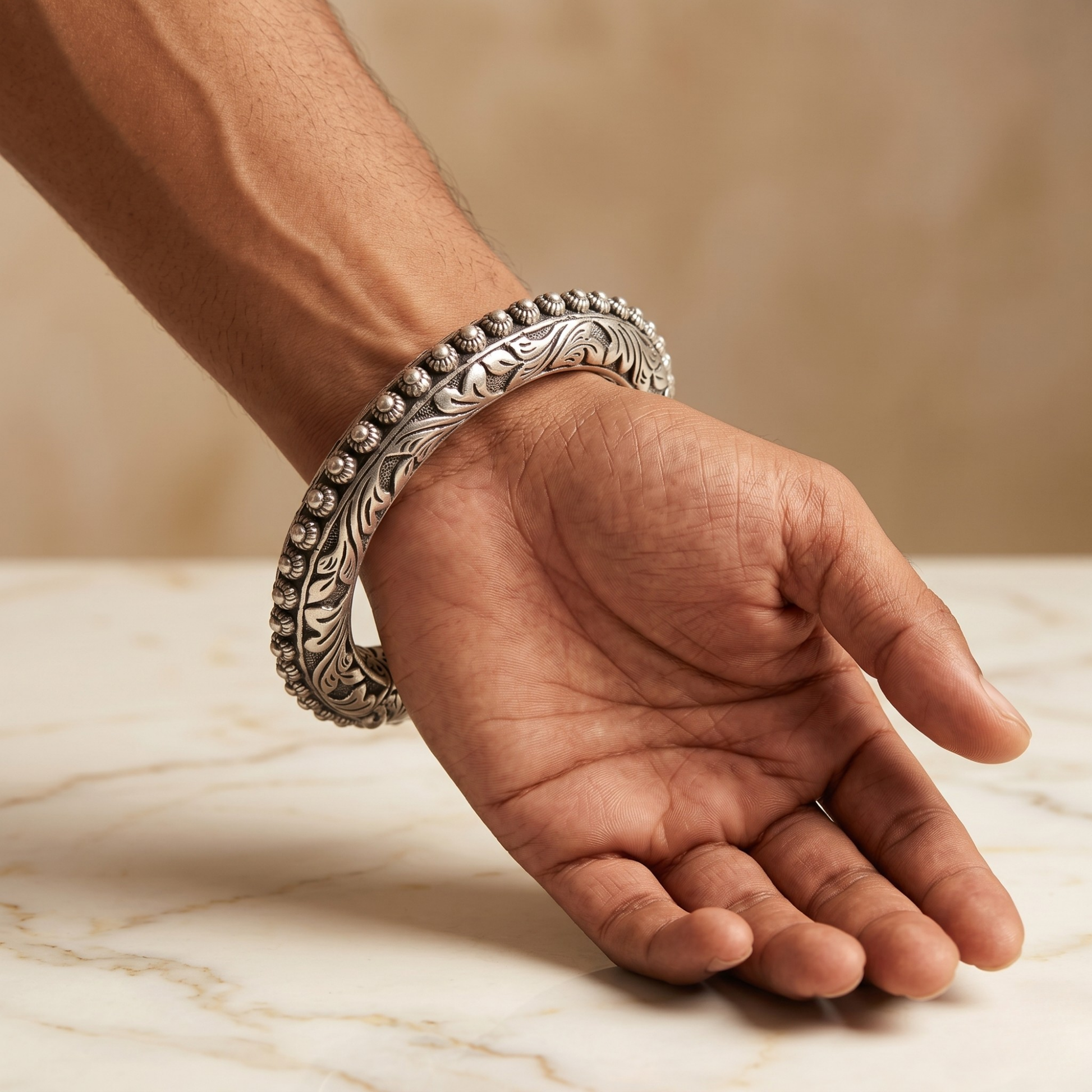Rajwadi beaded kada for men in 925 silver, antique kada