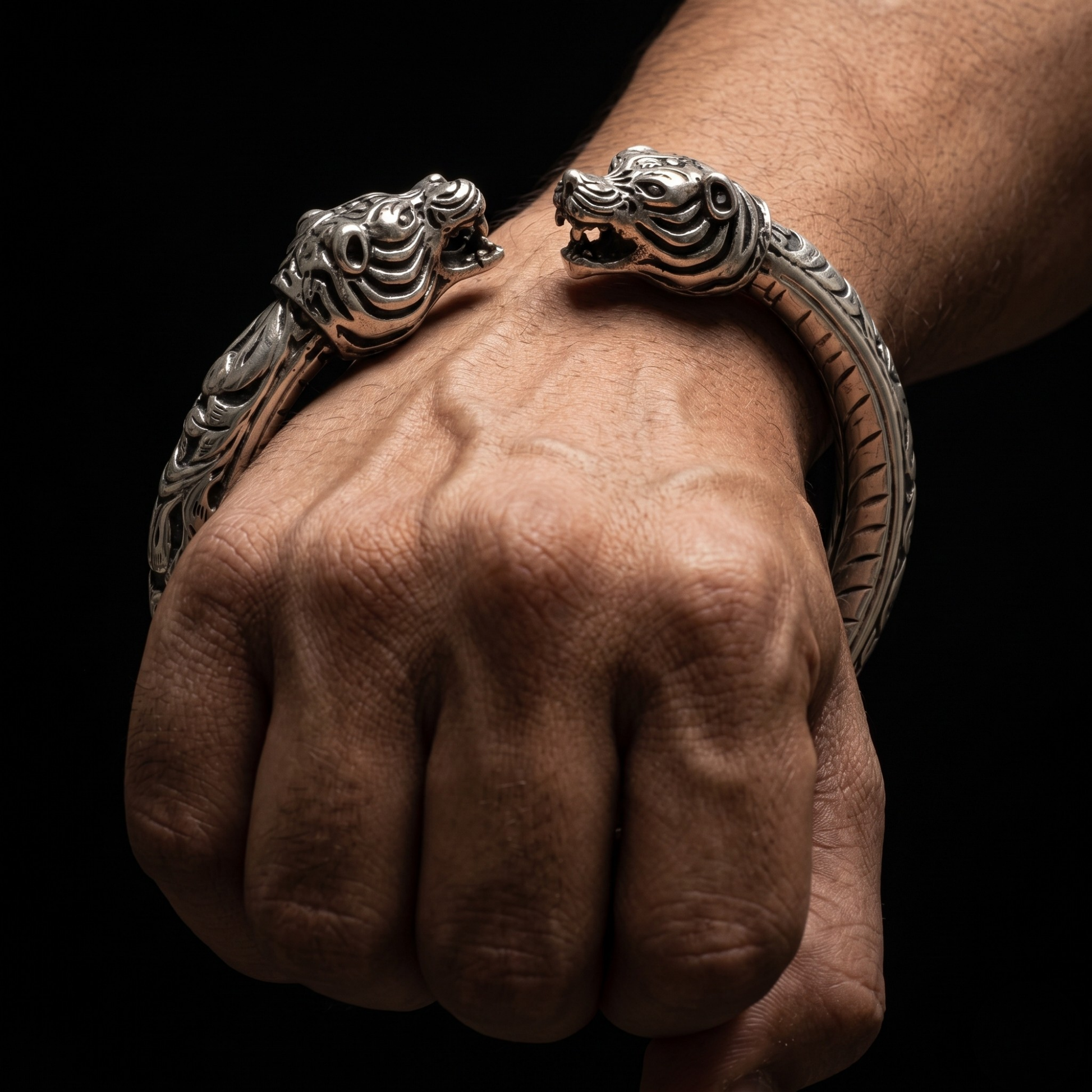 Rajwadi Tiger Head kada in 925 silver, Ruaab Exclusive