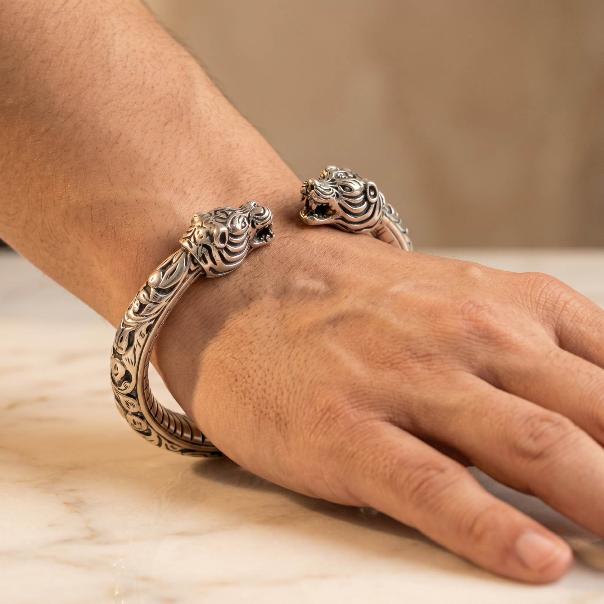 Rajwadi Tiger Head kada in 925 silver, Ruaab Exclusive