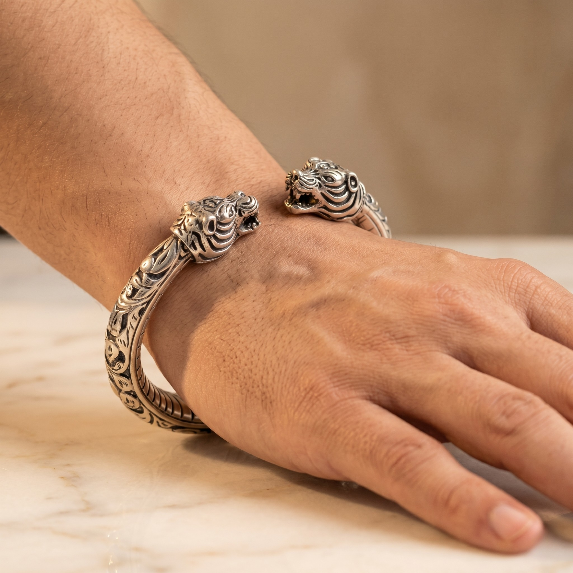 Rajwadi Tiger Head kada in 925 silver, Ruaab Exclusive