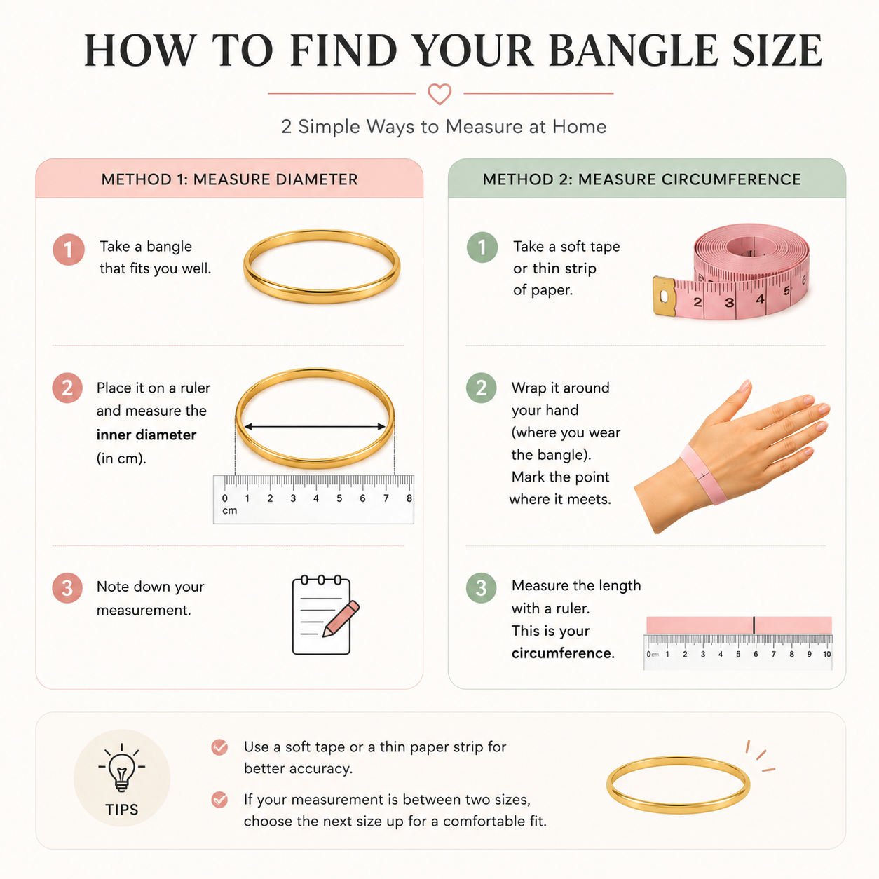 Instructions on how to measure bangle size at home with two methods.