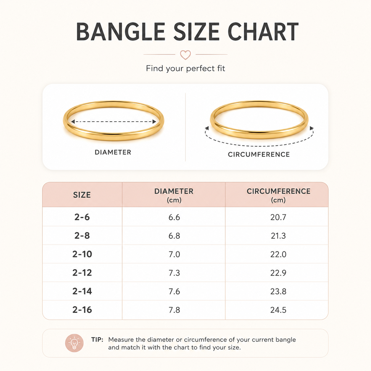 Bangle size chart with measurements for diameter and circumference.