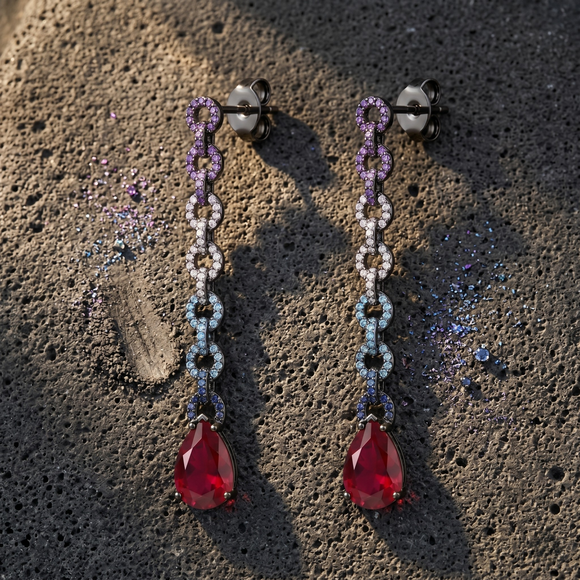 Prism Ruby chain drop earrings in 925 silver