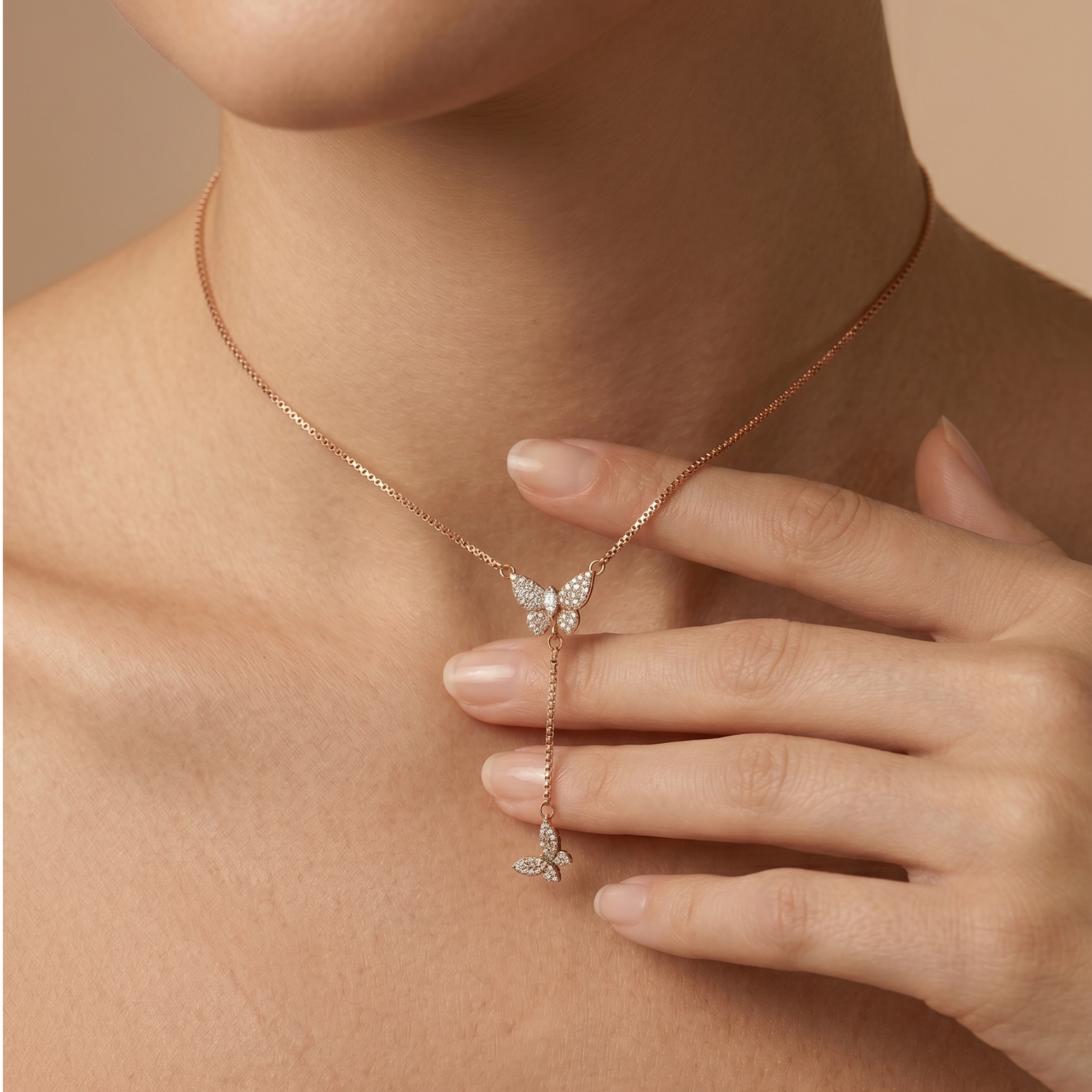 Butterfly Drop Necklace – Rose Gold Finish