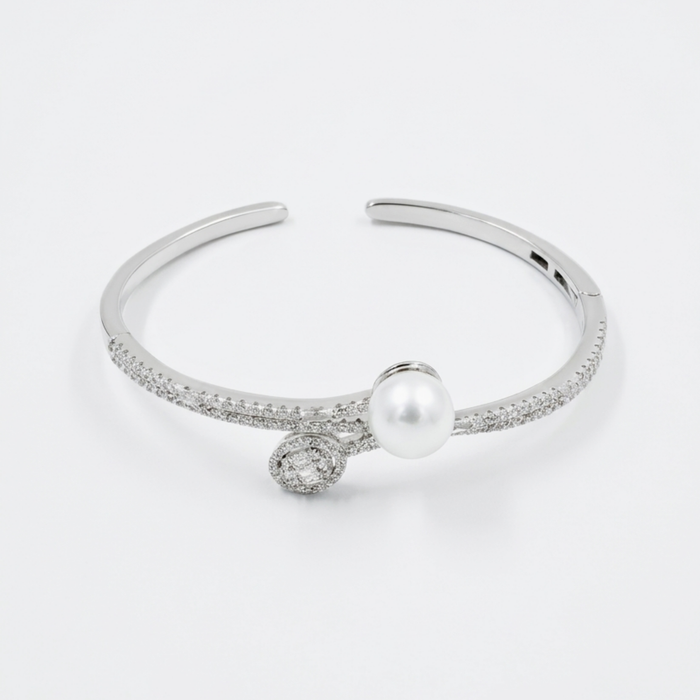 Pearl Grace open cuff bangle in 925 sterling silver with pearl and cubic zirconia