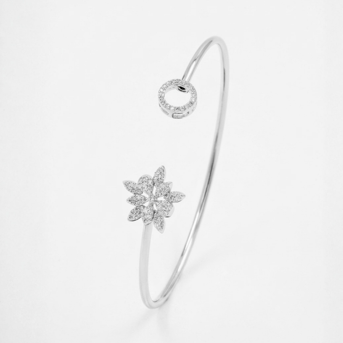 Floral Bloom open cuff bangle in 925 sterling silver with cubic zirconia