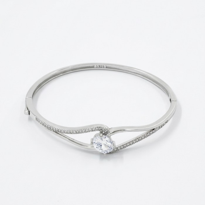 Solitaire Swirl bangle bracelet in 925 sterling silver with cubic zirconia