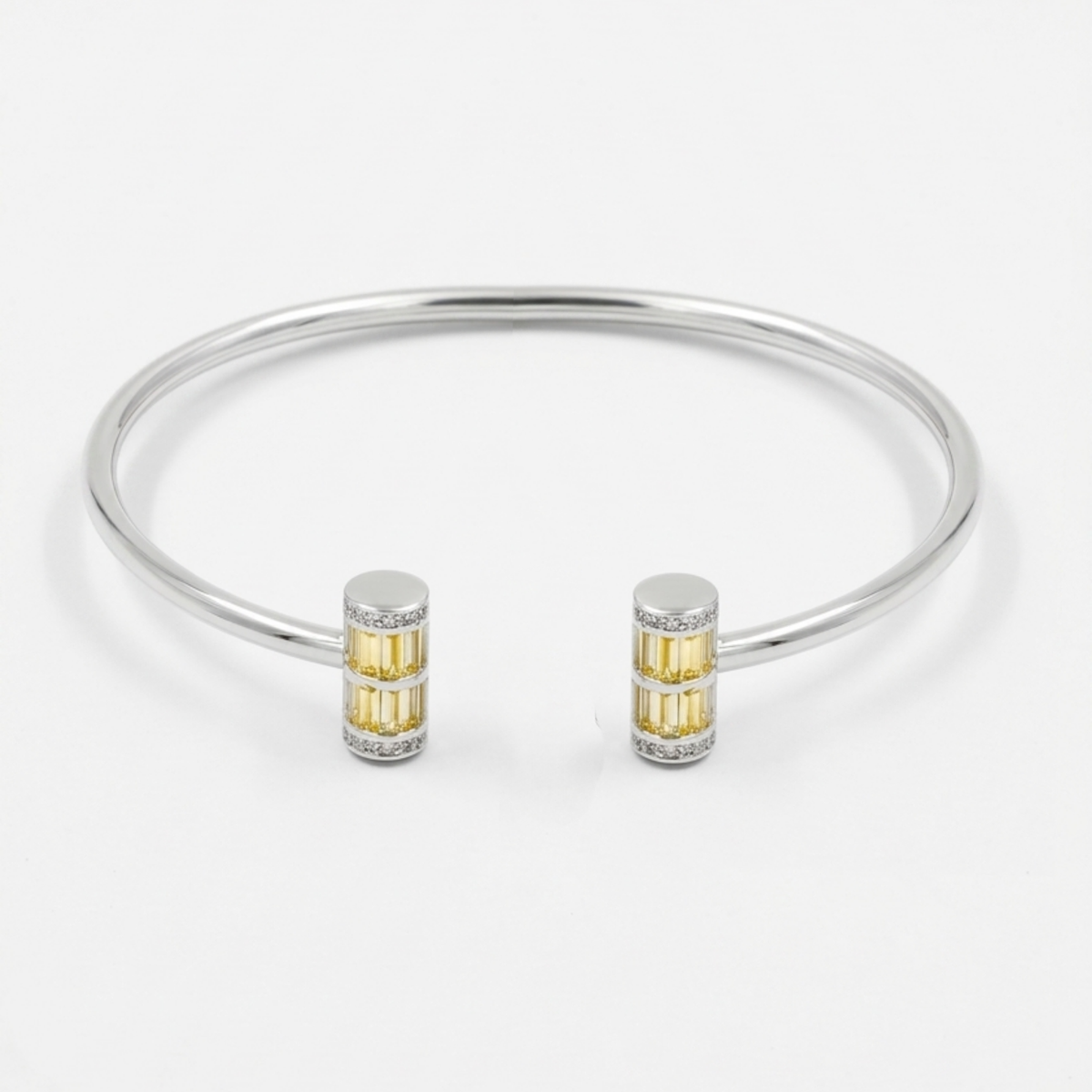 Amber Glow open cuff bangle in 925 sterling silver with yellow baguette cubic zirconia, front view